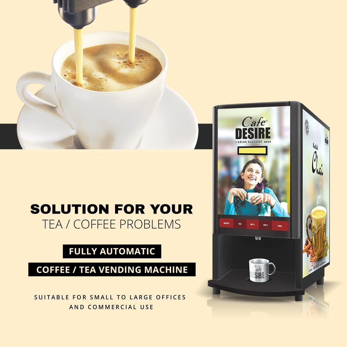 Coin Option Coffee Machine 3 Lane | Brass Token System | Three Beverage Options | Fully Automatic Tea & Coffee Vending Machine | For Offices, Shops and Smart Homes | Make 3 Varieties of Coffee Tea with Premix | No Milk, Tea, Coffee Powder Required - cafedesireonline.com