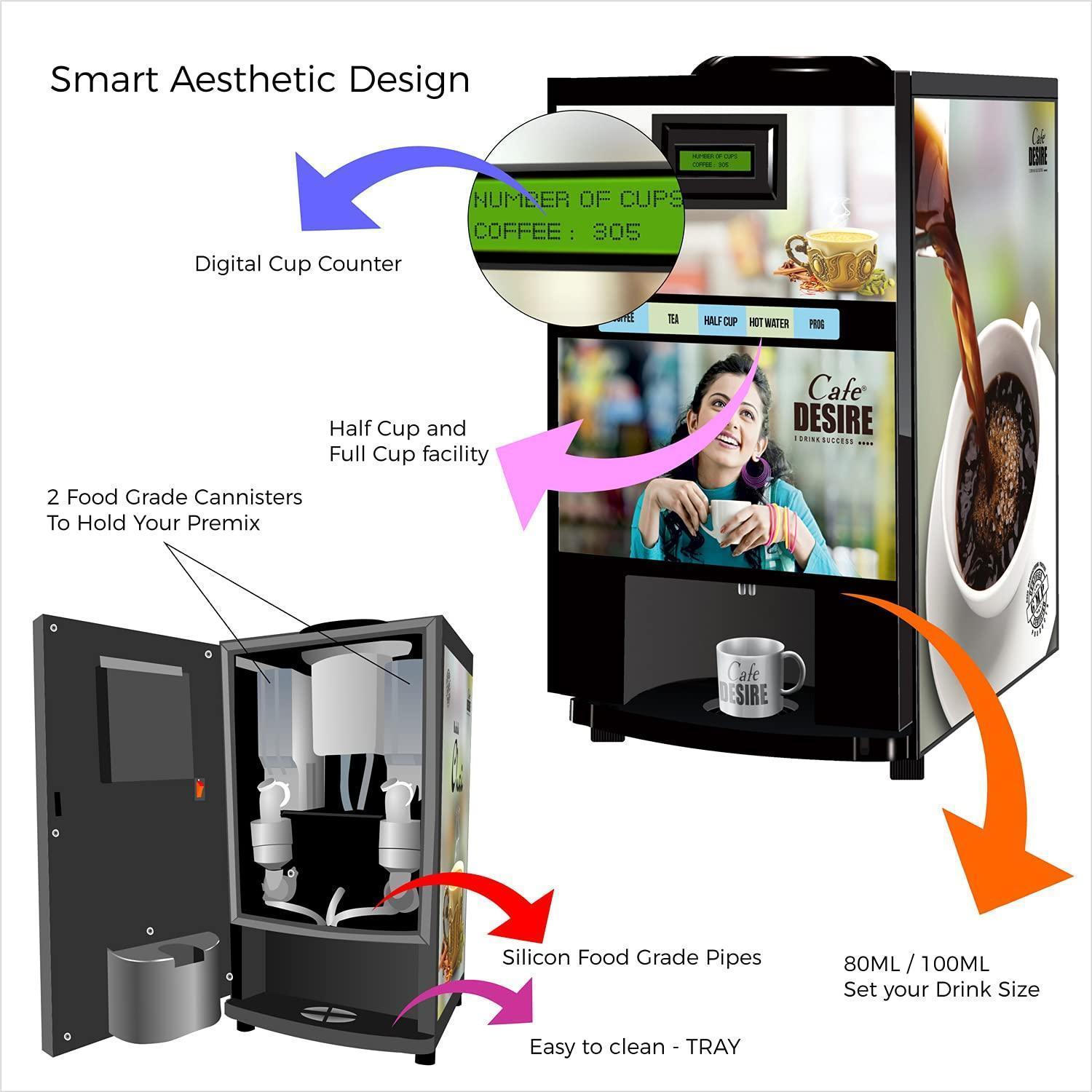 Coffee Machine 2 Lane | Two Beverage Options | Fully Automatic Coffee Tea Vending Machine | For Offices, Shops and Smart Homes | Make 2 Varieties of Coffee Tea with Premix | No Milk, Tea, Coffee Powder Required - cafedesireonline.com