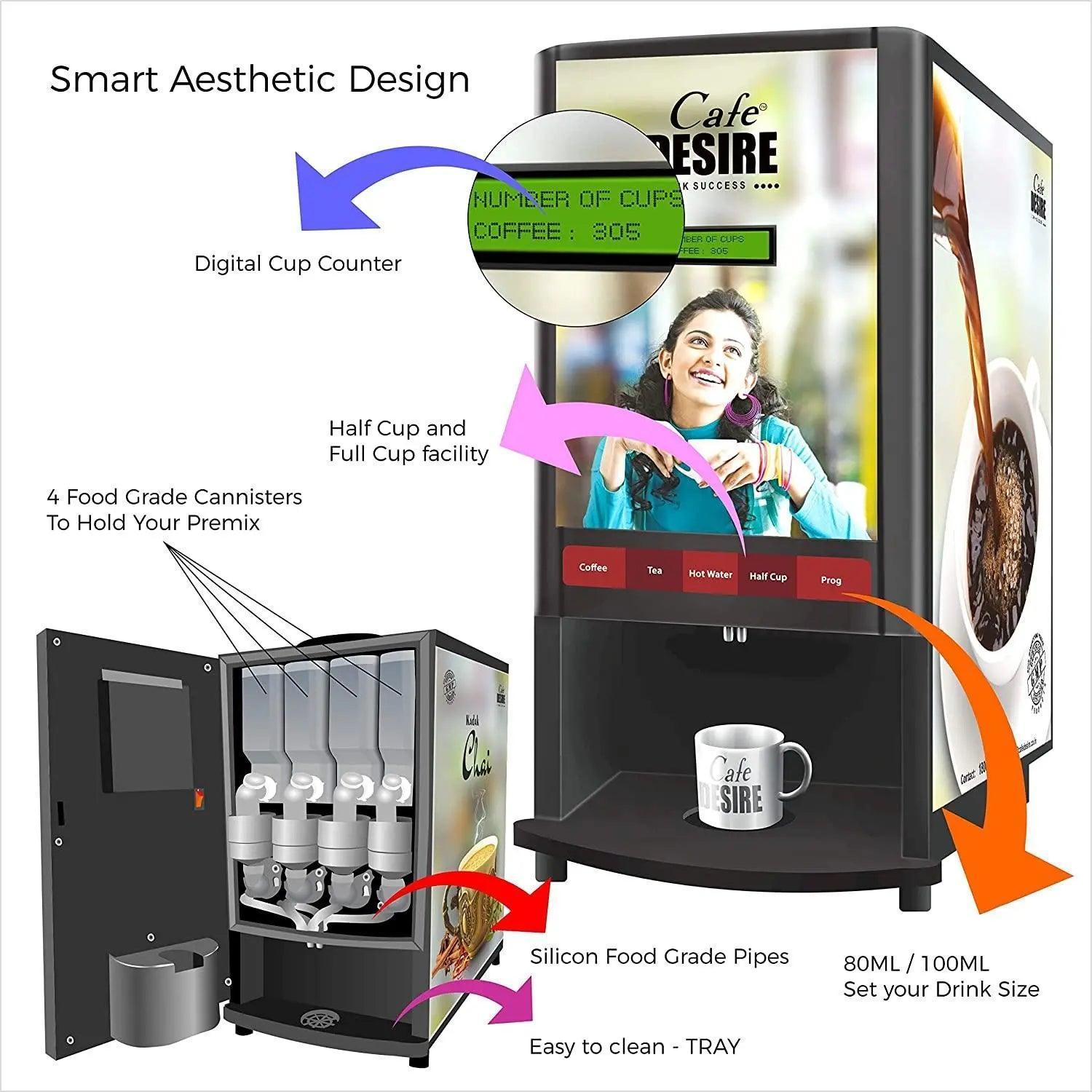 QR Code UPI Payment Enabled Coffee Machine 4 Lane | Four Beverage Options | Fully Automatic Tea & Coffee Vending Machine | For Offices, Shops and Smart Homes | Make 4 Varieties of Coffee Tea with Premix | No Milk, Tea, Coffee Powder Required - cafedesireonline.com