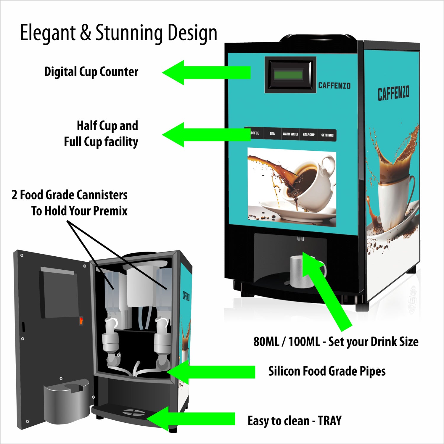 Elegant and stunning design of caffenzo  tea coffee vending machine with 2 food grade cannisters