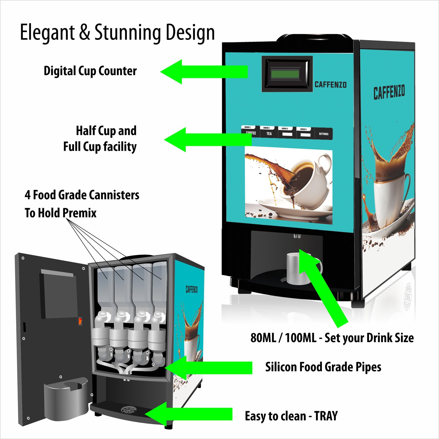 caffenzo  tea coffee vending machine with 4 food grade cannisters